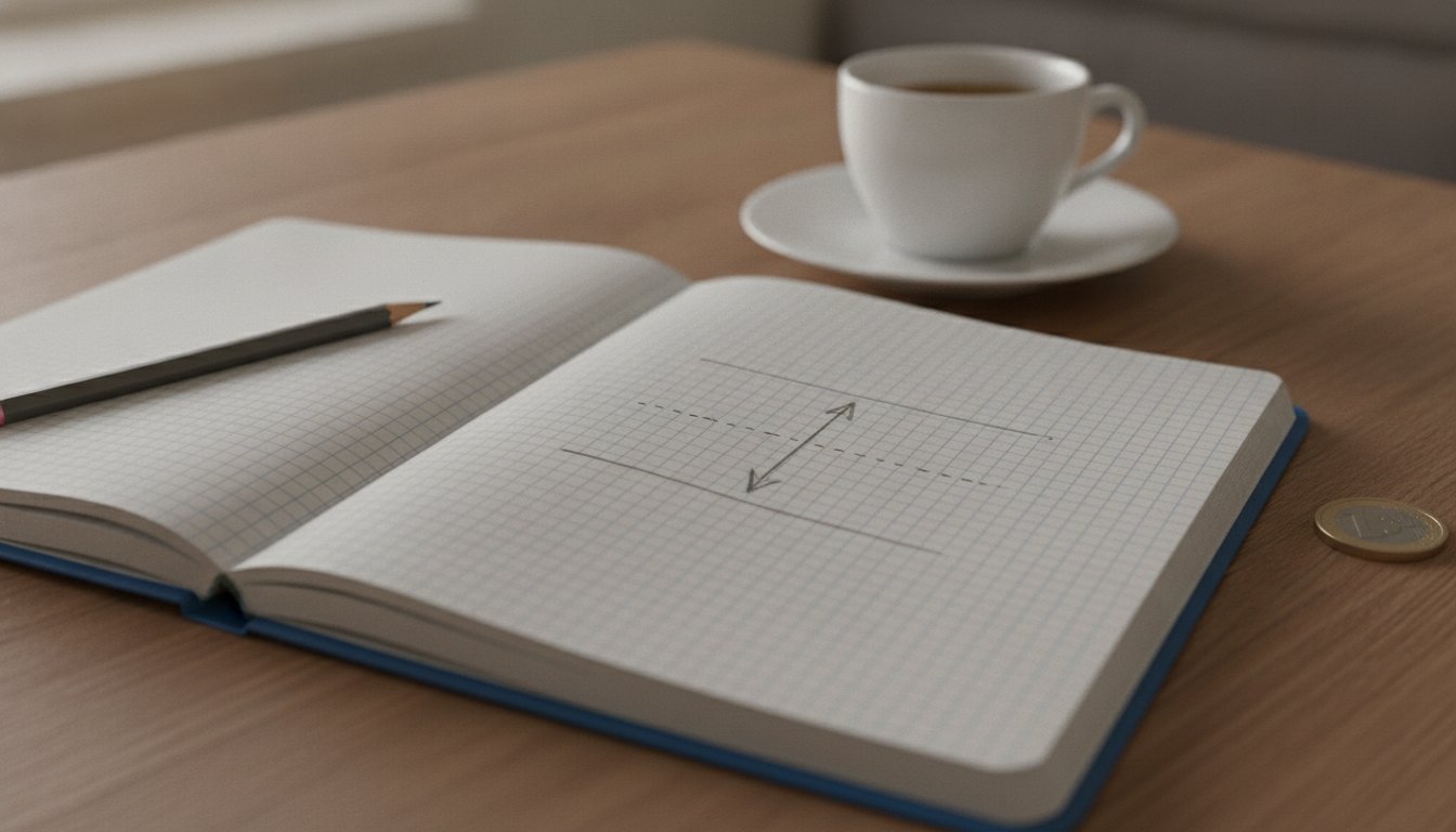 Cahier à petits carreaux ouvert sur une table en bois : schéma au crayon de deux lignes parallèles, d'une ligne en pointillés au milieu et d'une flèche à double pointe qui mesure l'écart, avec un crayon, une pièce de 1 euro et une tasse floue